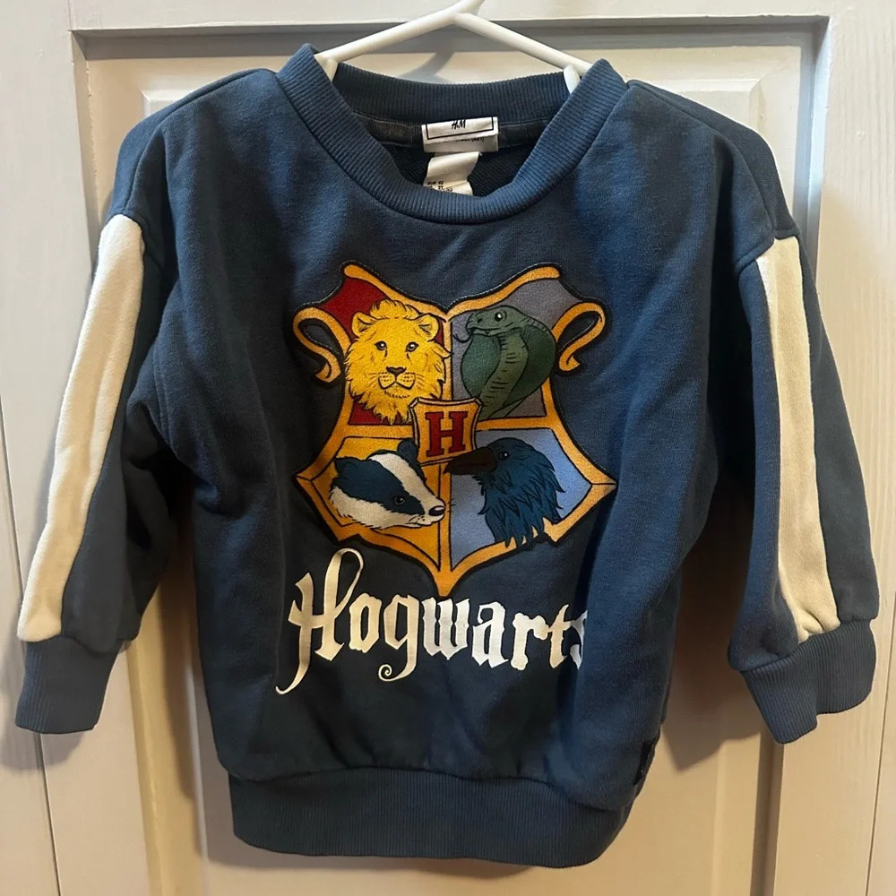 H&M Dark Blue Hogwarts Crest Sweatshirt with White Sleeve Stripes